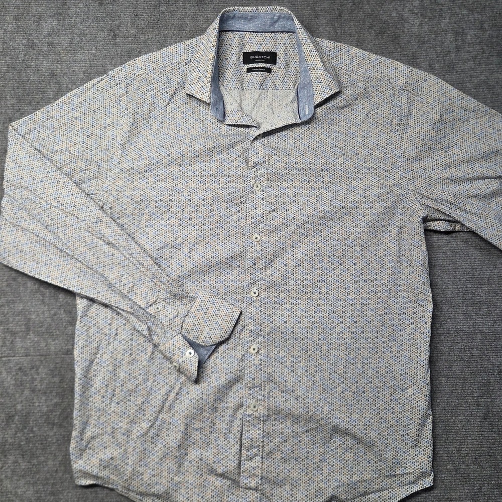 Bugatchi Classic Fit Shirt Mens Large Azure Blue Geometric Comfort Stretch L